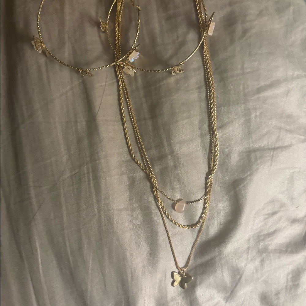 Gold Butterfly Layered Necklace Set with Matching Hoop Earrings - Picture 3 of 8